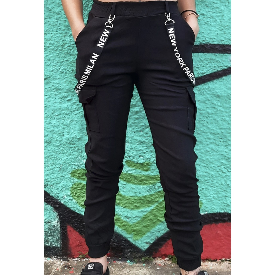 Calça Jogger Preta Com Suspensório New York Feminina Moda Gringa