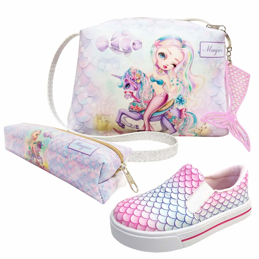 Kit Infantil Feminino Bolsa Infantil Tênis Infantil Feminino Casual e Estojo Sereia, Tenis Infantil Menina  Bolsinha Infantil Magicc Kids (008-062)
