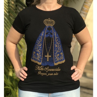 Blusa Baby Look Feminina de Nossa Senhora Aparecida com Strass Religiosa Católica Brilho