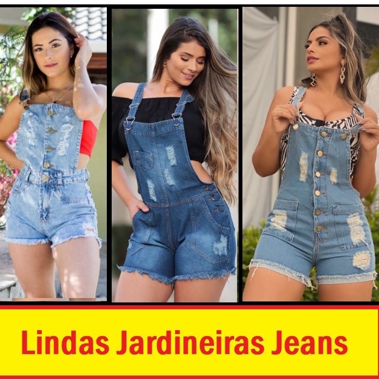 Macaquinho estilo Jardineira Jeans Feminino Curto destroyed