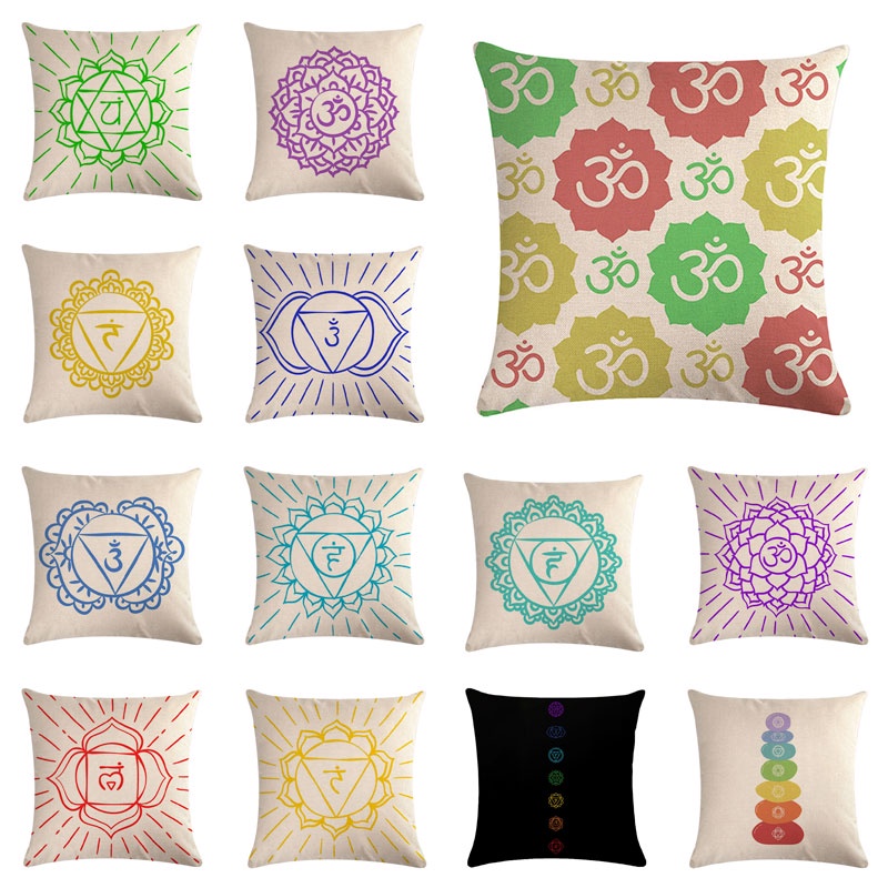 Imagem 45 * 45cm Chakra Yoga Design Meditação Linho Lance Capa De Almofada Do Carro Casa Fronha Decorativa