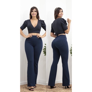 Calça Legging Flare Com Bolso Traseiro Feminina Malha Crepe