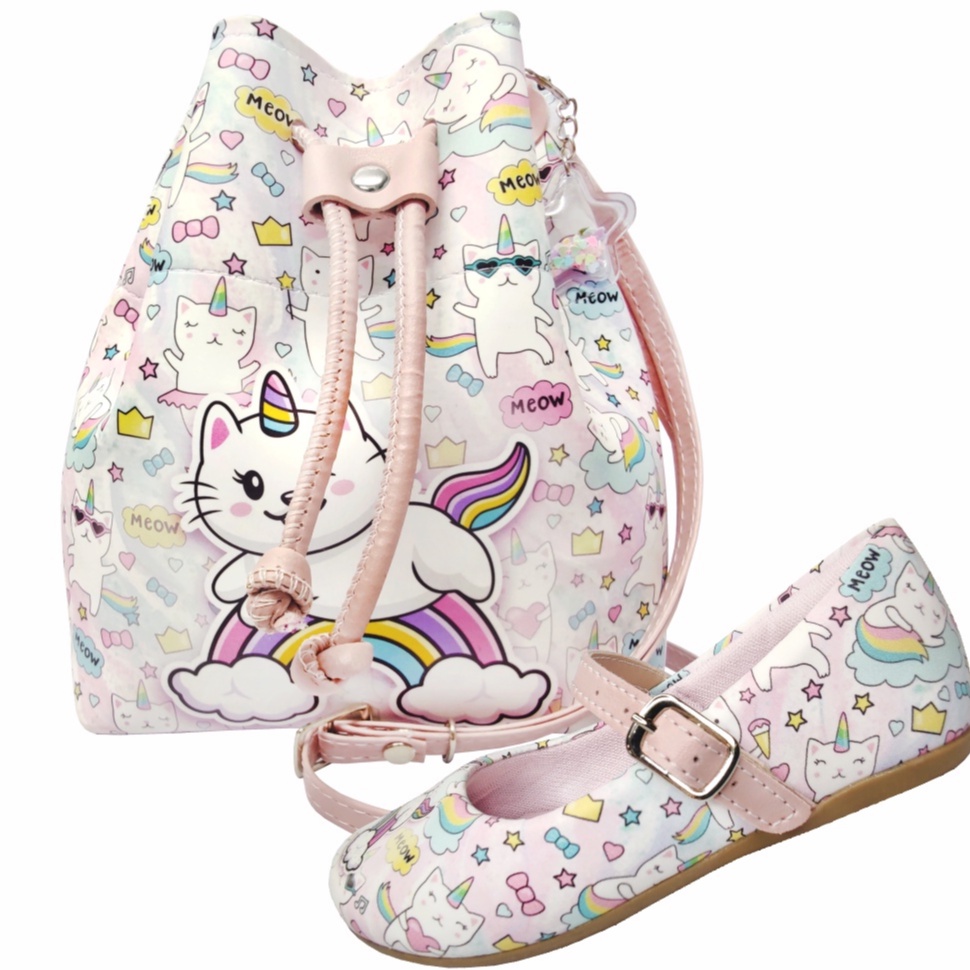 Kit Infantil Feminino Sapatilha Infantil e Bolsa Infantil Gatinho Arco-Íris Menina Bolsinha Infantil, Magicc Kids (1227)