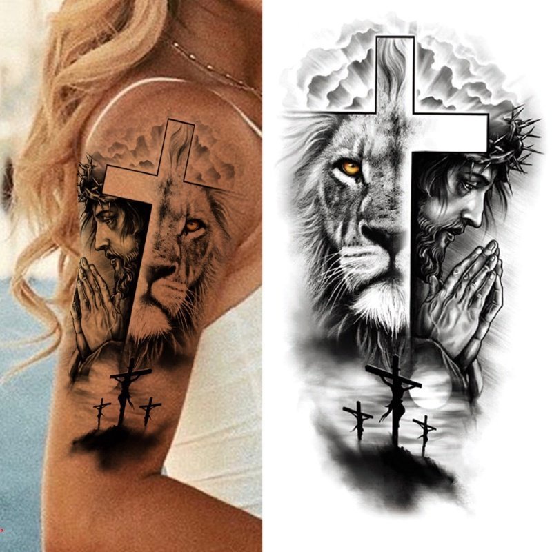 Adesivo Grande Para Braço Tatuagem Cruz / Oração / À Prova D 'Água / Tatto / Tigre / Praia / Compasso / Arte Corporal / Completo