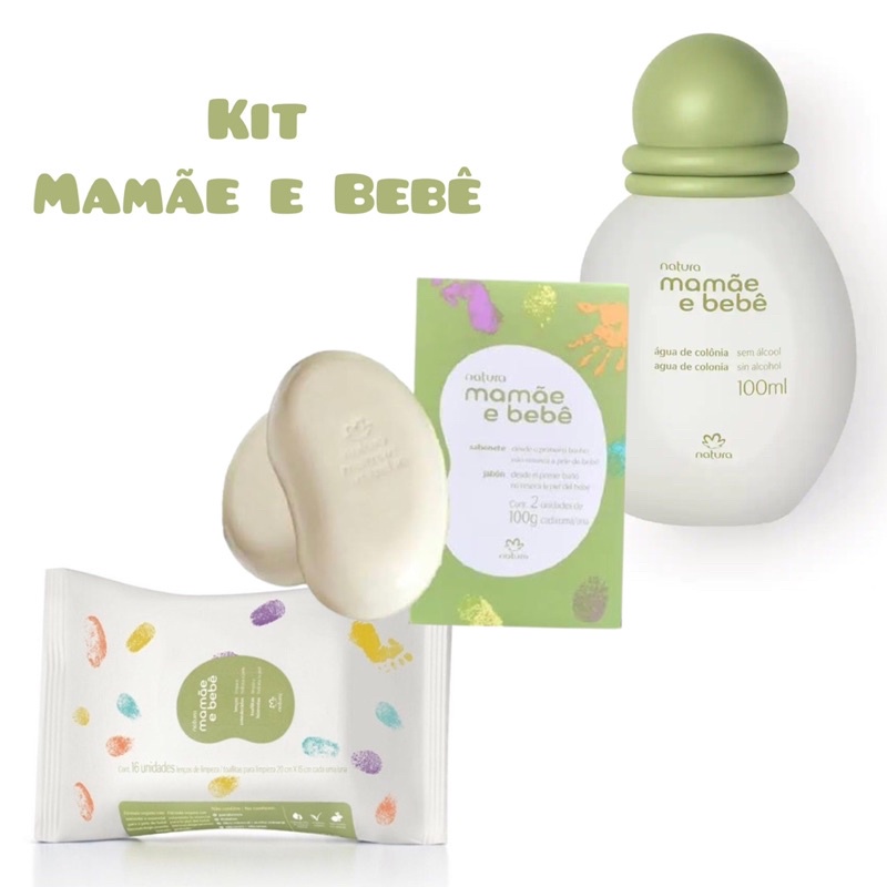 kit Mamãe e Bebê Natura Colônia tradicional, sabonetes e lenços umedecidos