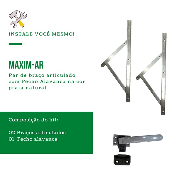 Kit Janela Maxim Ar - Braço 25cm - C/ Fecho - Madeira e Alumínio em Oferta na Shopee