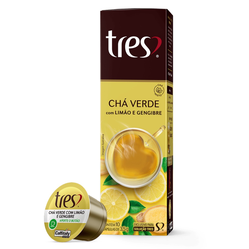 10 Capsulas Tres Coracoes, Cha Verde com Limao e Gengibre