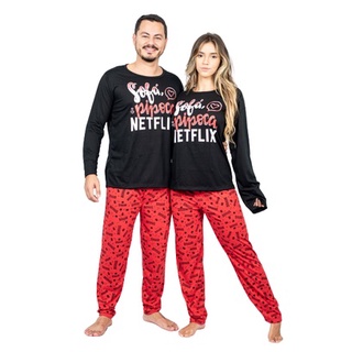 Kit 2 Pijamas Adultos Casal Netflix Longos Outono Inverno