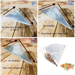 50~300 SACO CONE PLÁSTICO BOPP TRANSPARENTE (P 10X15)(M 14X23) OU (G 18X30)
