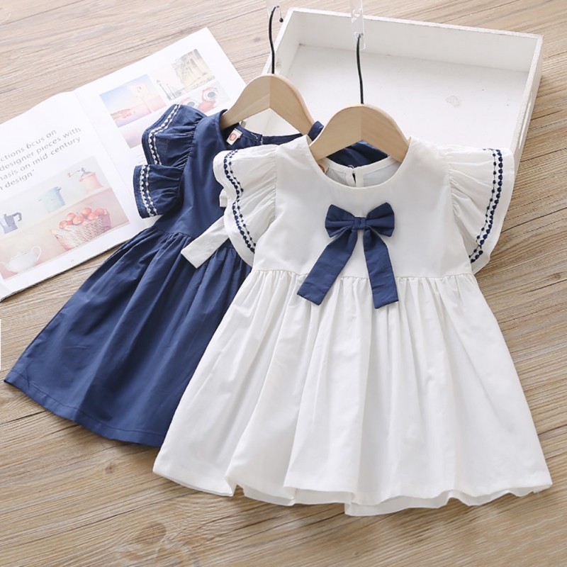 Bebê Meninas Vestido De Verão Algodão Manga Voadora Saias Doce Arco Gola Redonda Crianças Vestidos De Curta