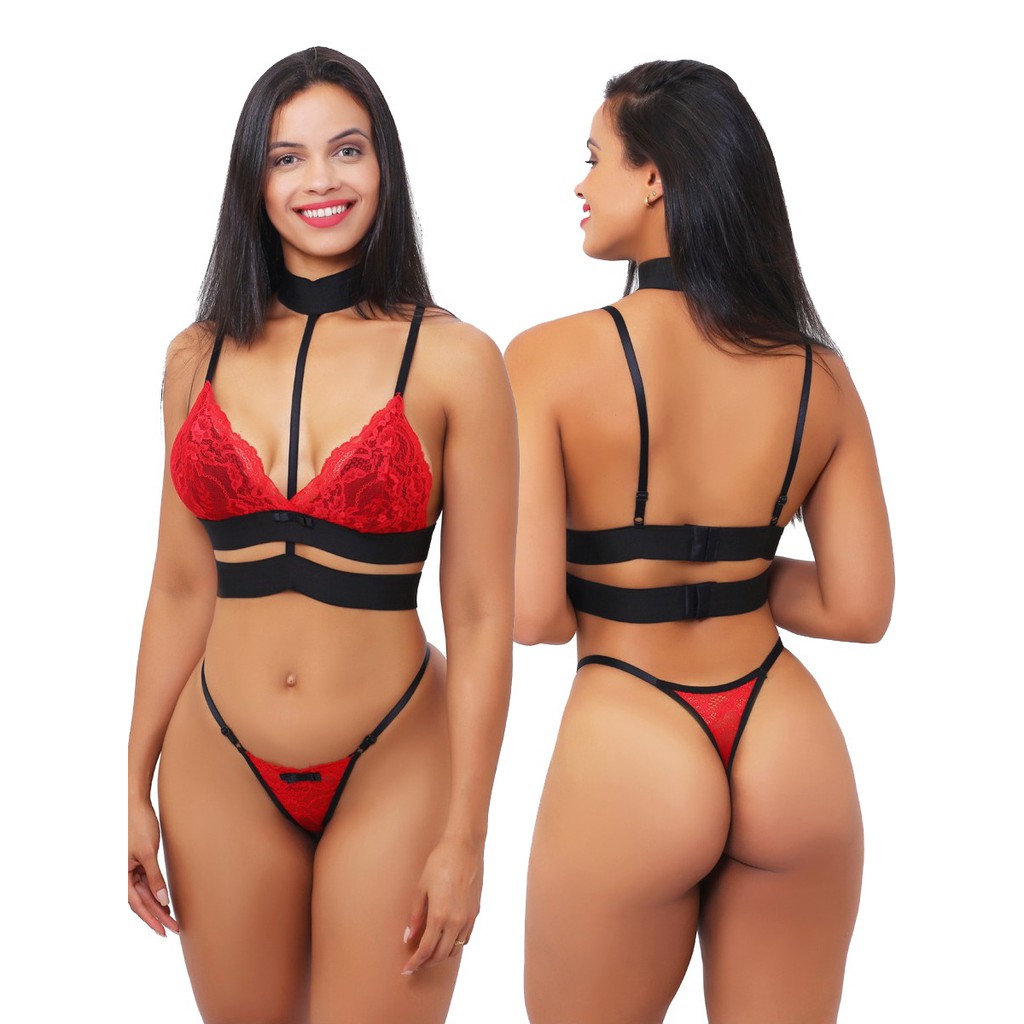 LINGERIE CONJUNTO SEXY LUXO COM ACESSÓRIO GARGANTILHA SUTIÃ CALCINHA RENDA SENSUAL MODA ÍNTIMA