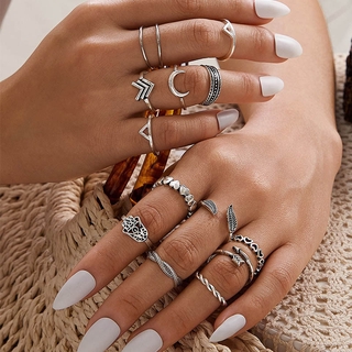14 Pçs / Set Bohemian Vintage Pena Lua Seta Coração Anéis Para As Mulheres Da Moda Geométrica Anéis Para As Mulheres Jóias Acessórios