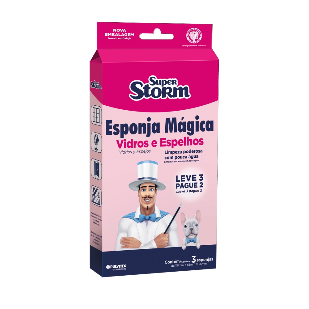 Esponja Mágica Super Storm Vidros e Espelhos c/ 3 unid - Pulvitec em Oferta na Shopee