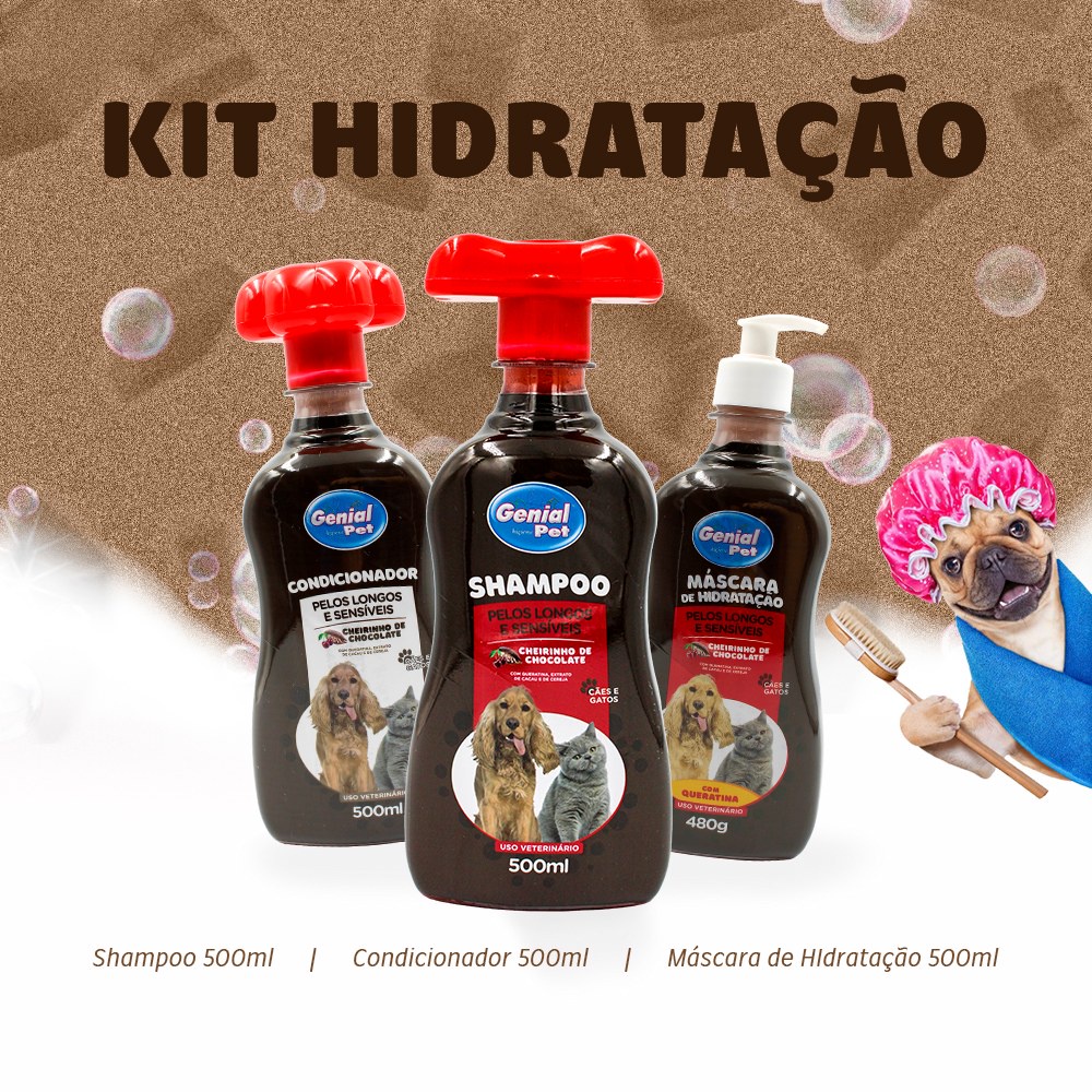 Kit Banho para Cães e Gatos - Shampoo, Condicionador e Máscara de Hidratação Produtos Pets para Cachorro e Gato 500ml Genial Pet