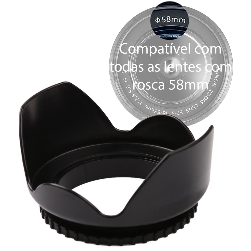 Parassol 58mm Tulipa Petala P/ Lente Canon EF-S 18-55mm f/3.5-5.6 EF-S 55-250mm f/4-5.6 EF 24mm f/2.8 AF-S NIKKOR 50mm f/1.8G