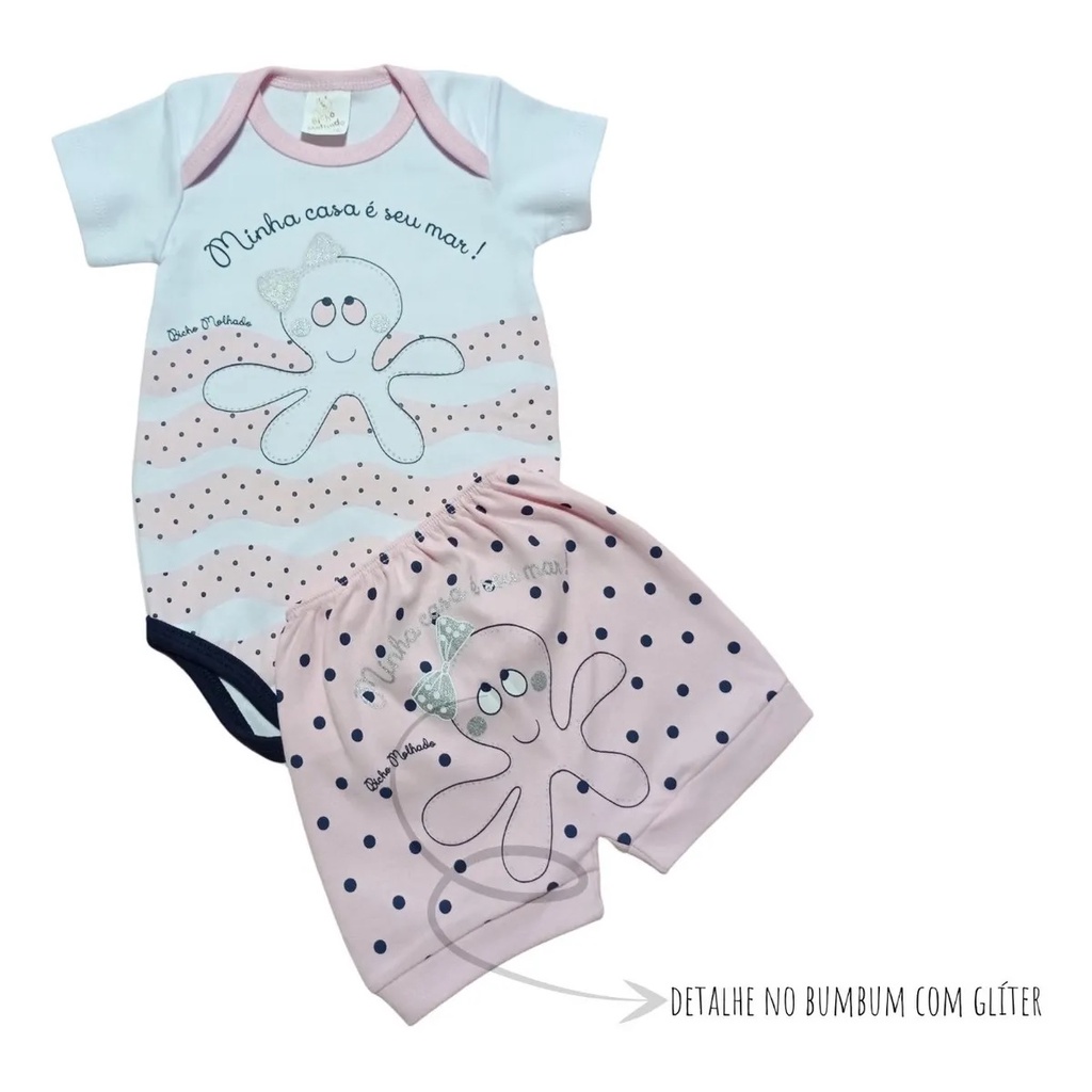 Conjunto infantil Bebê menina 01 Body Manga Curta + 01 Short Estampa Polvo - Roupas para bebê - Bicho Molhado