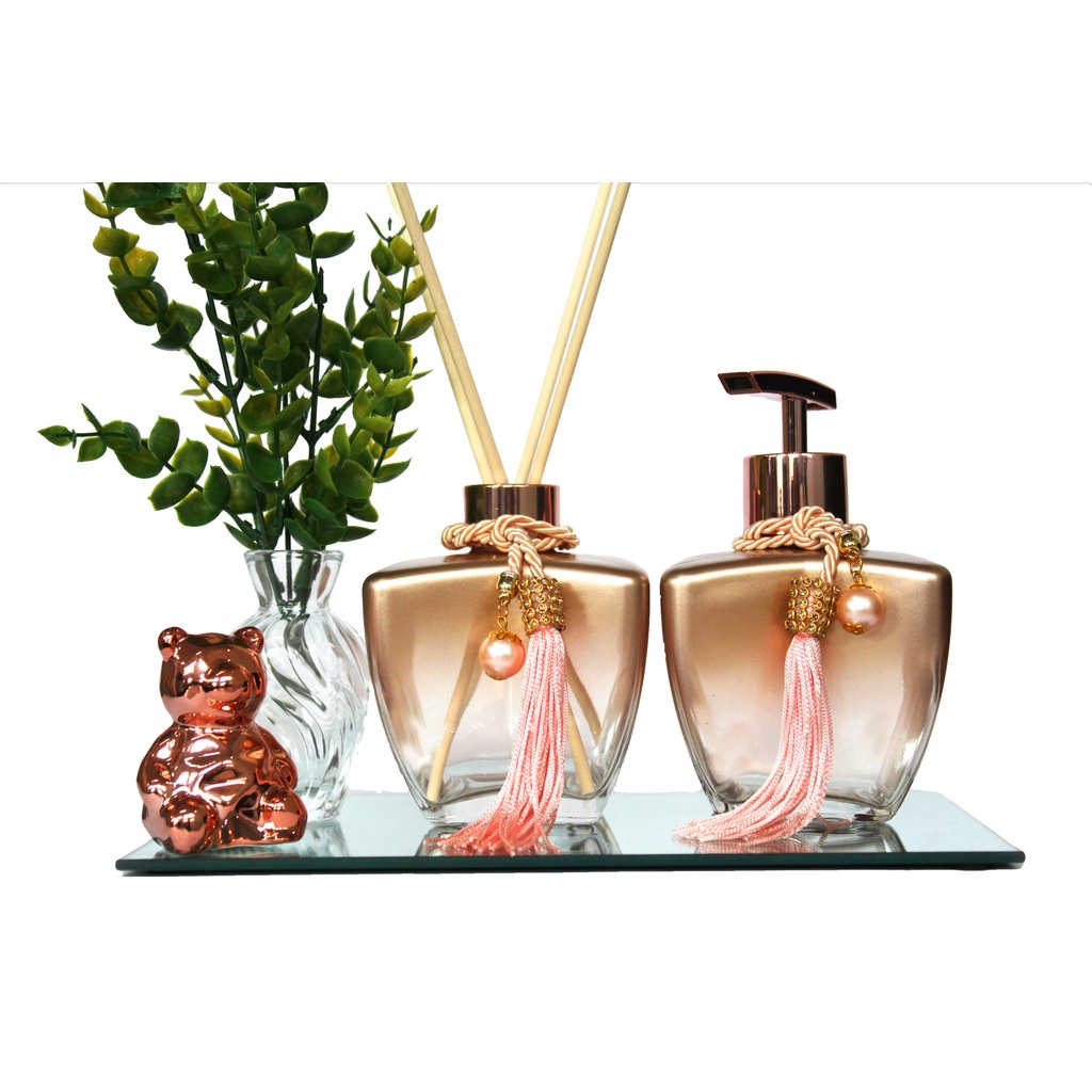 Kit de Vidros Para Lavabo Pia Banheiro Degrade Rose Super Luxo C/ Bandeja + Enfeite em Oferta na Shopee