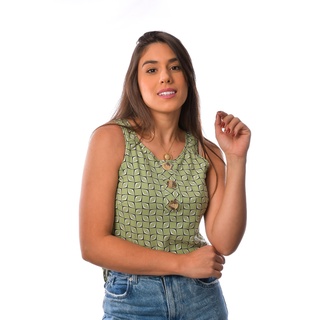 Regata Alça Larga Feminina Estampada Botões casual verão - 1 Peça