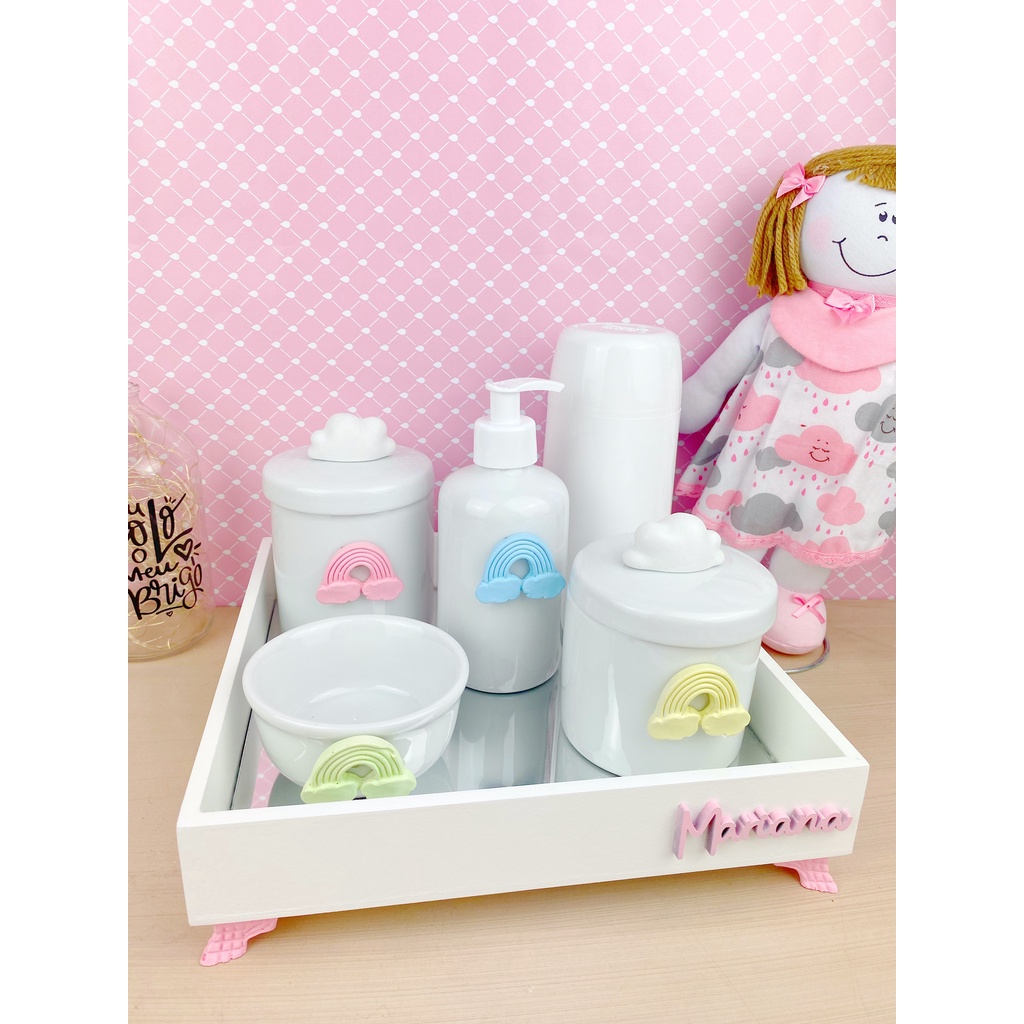 Kit Higiene Bebê Porcelana Temas Rosa Nome Personalizado Garrafa Branca em Oferta na Shopee