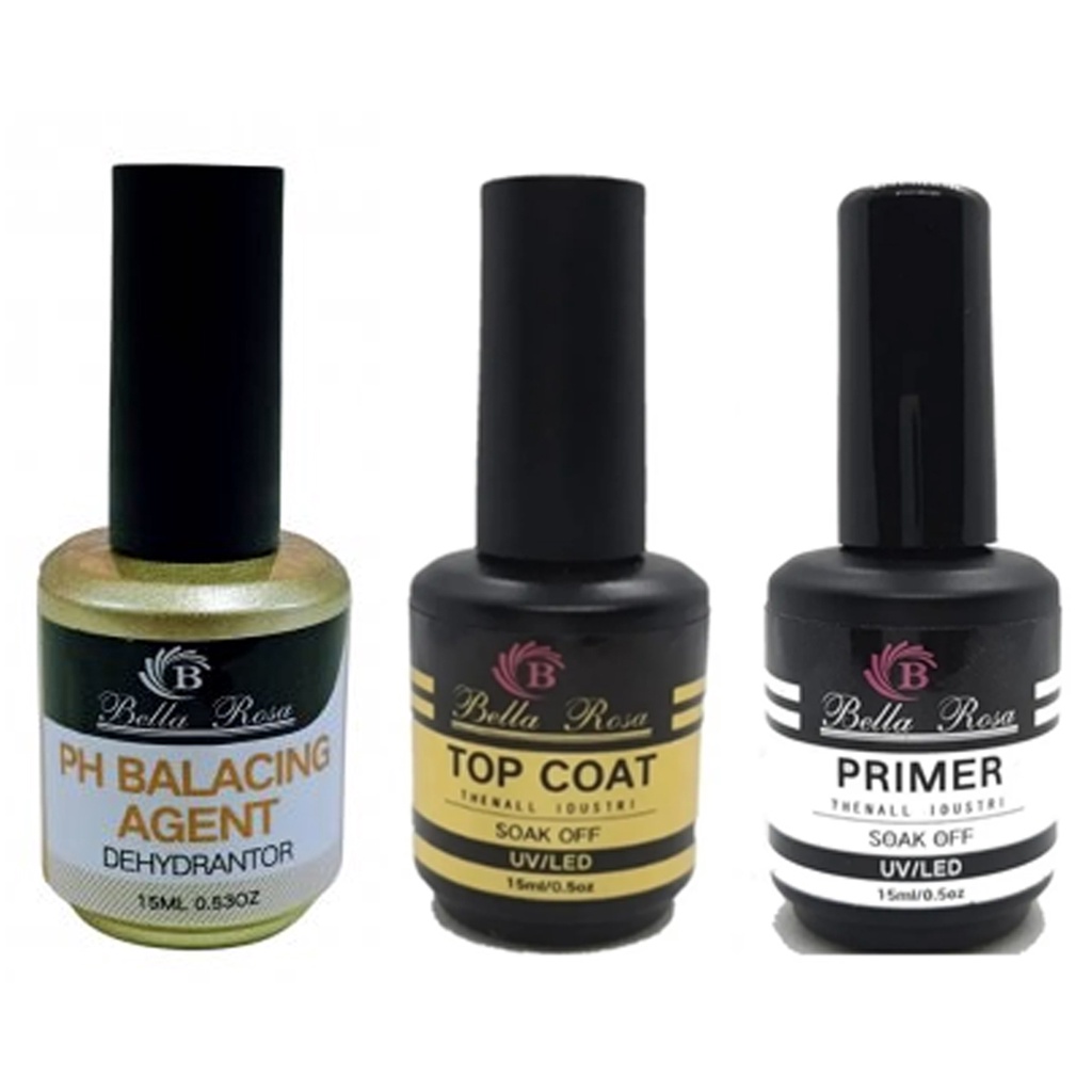 Top Coat Selante Bella Rosa Unhas Gel + Primer Fungicida Alongamento de Unha + Ph Balacing Agent 15ml Dehydrantor Bella Rosa