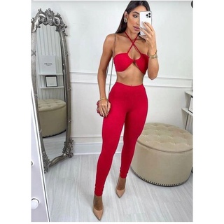 Conjunto Feminino Cropped Gringa E Calça Legging Multiforma Adulto Várias Cores