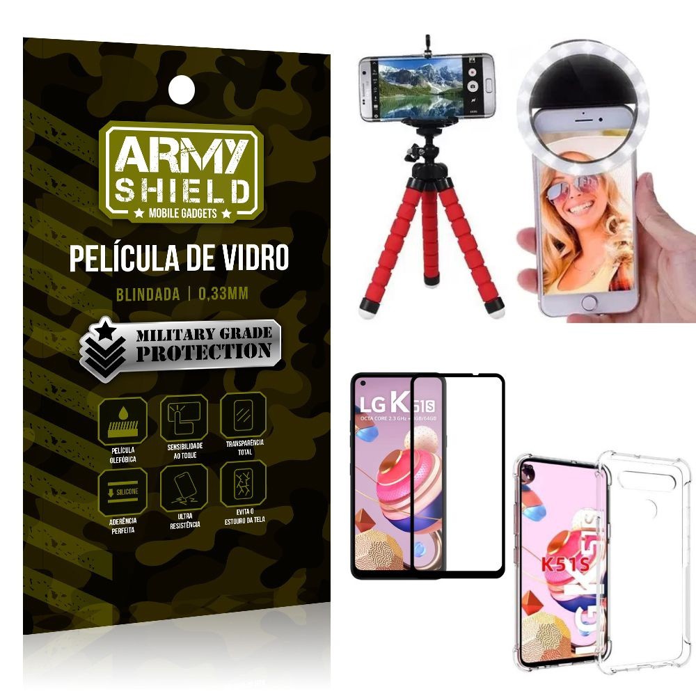 Kit Mini Tripé + Selfie Ring Light LG K51s + Capa Anti Impacto + Película Vidro 3D
