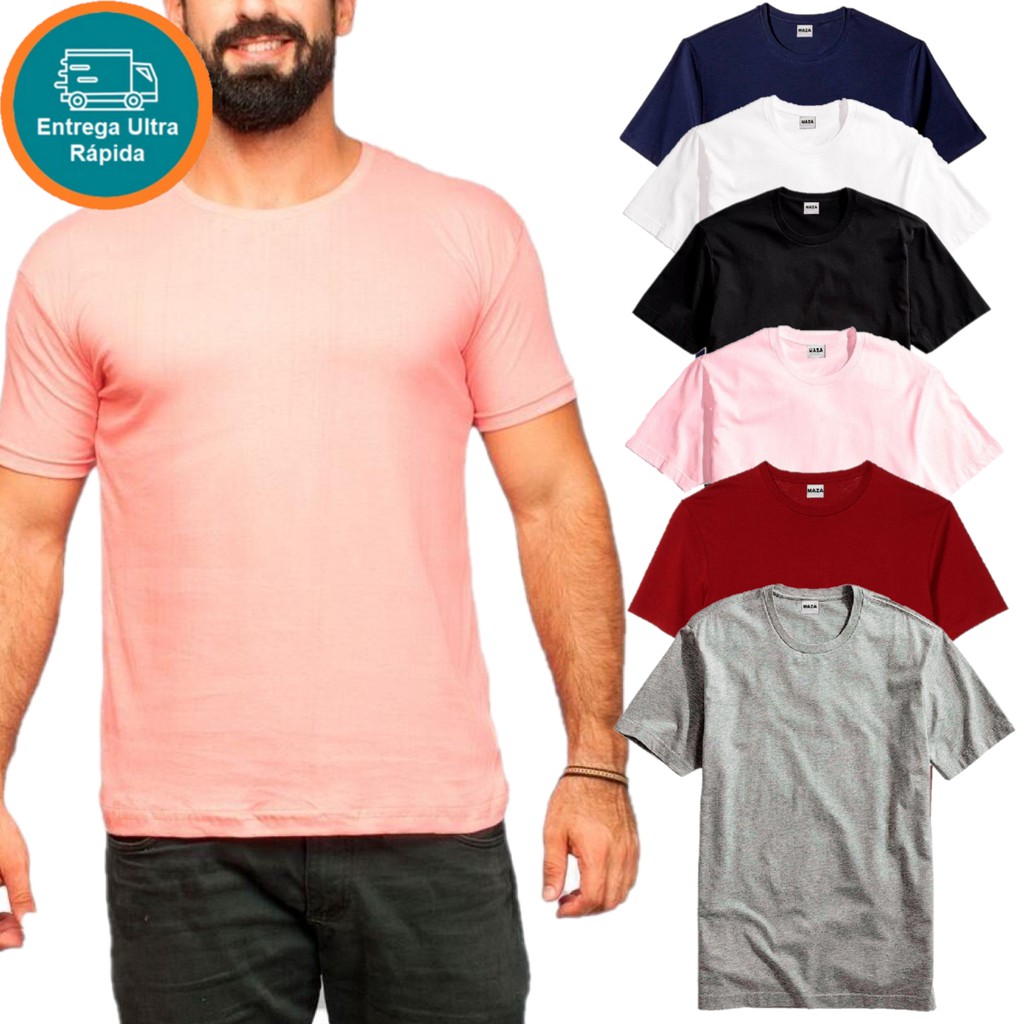 kit 3 Camiseta Gola Masculina Lisa 100% Algodão Básica Camisa Camisa Lisa Branca Preta Cinza Azul Vinho Rosa Azul maza