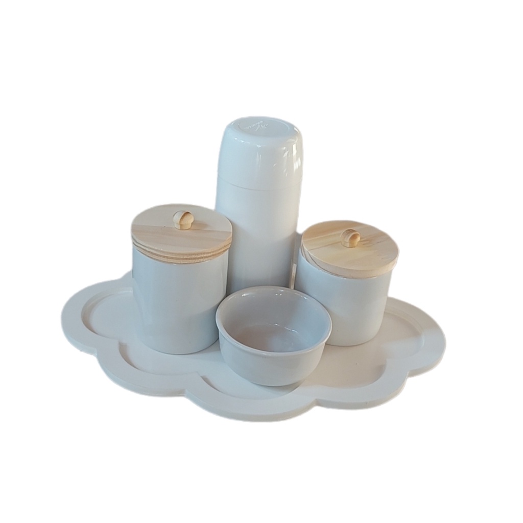 Kit Higiene Bebê Porcelana Branca tampa madeira Garrafinha maternidade menina menino porta algodão cotonete