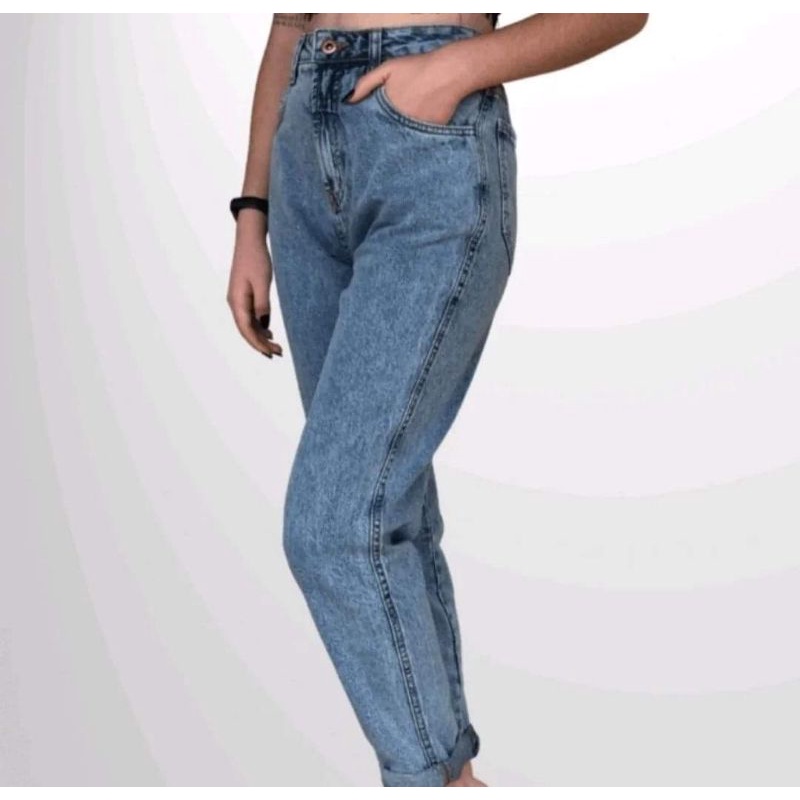 Calça Jeans mom  lisa Feminina/ Mom Boyfriend Cintura alta marmorizada