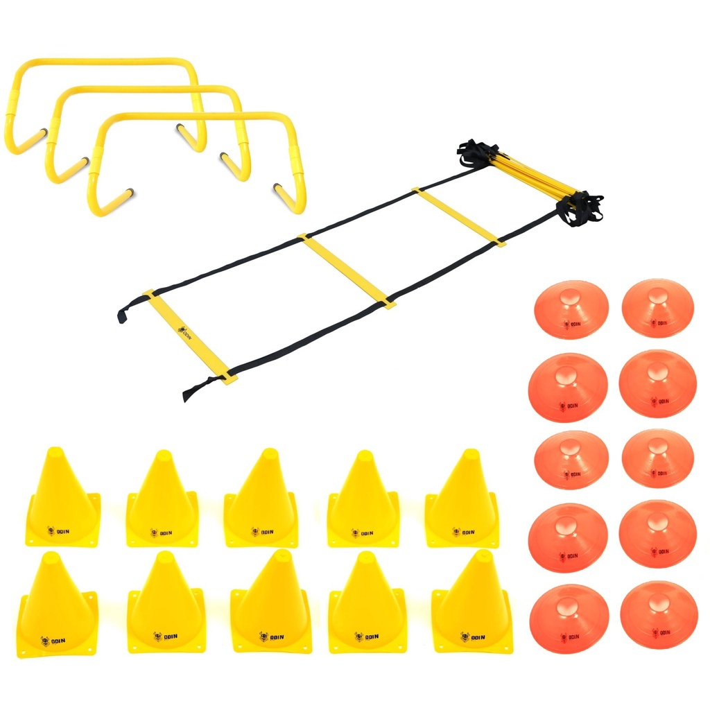 Kit Treinamento Funcional Escada Agilidade Funcional + Barreiras + Cones Amarelos + Chapéu Chinês Laranjas - Odin Fit