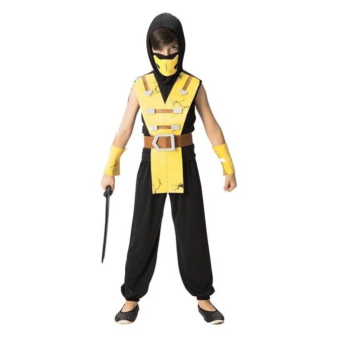 Fantasia de Ninja Infantil Samurai Amarelo Com Capuz e Máscara