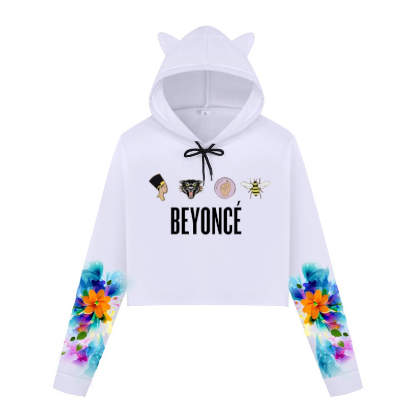 Blusa Cropped de Moletom Manga Flores Azul e Laranja Beyonce Símbolos A390