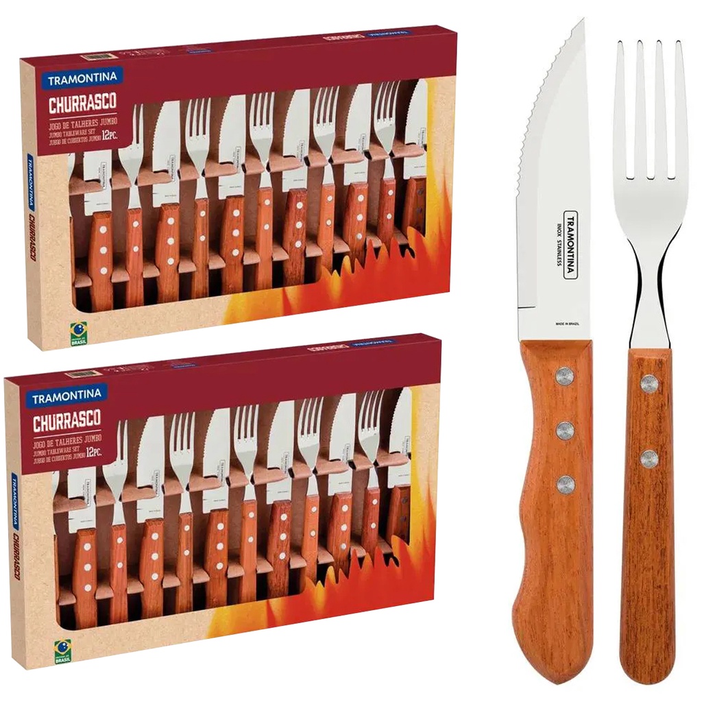 Kit 2 Jogos Para Churrasco 12 Peças Jumbo Garfo e Faca - Tramontina em Oferta na Shopee