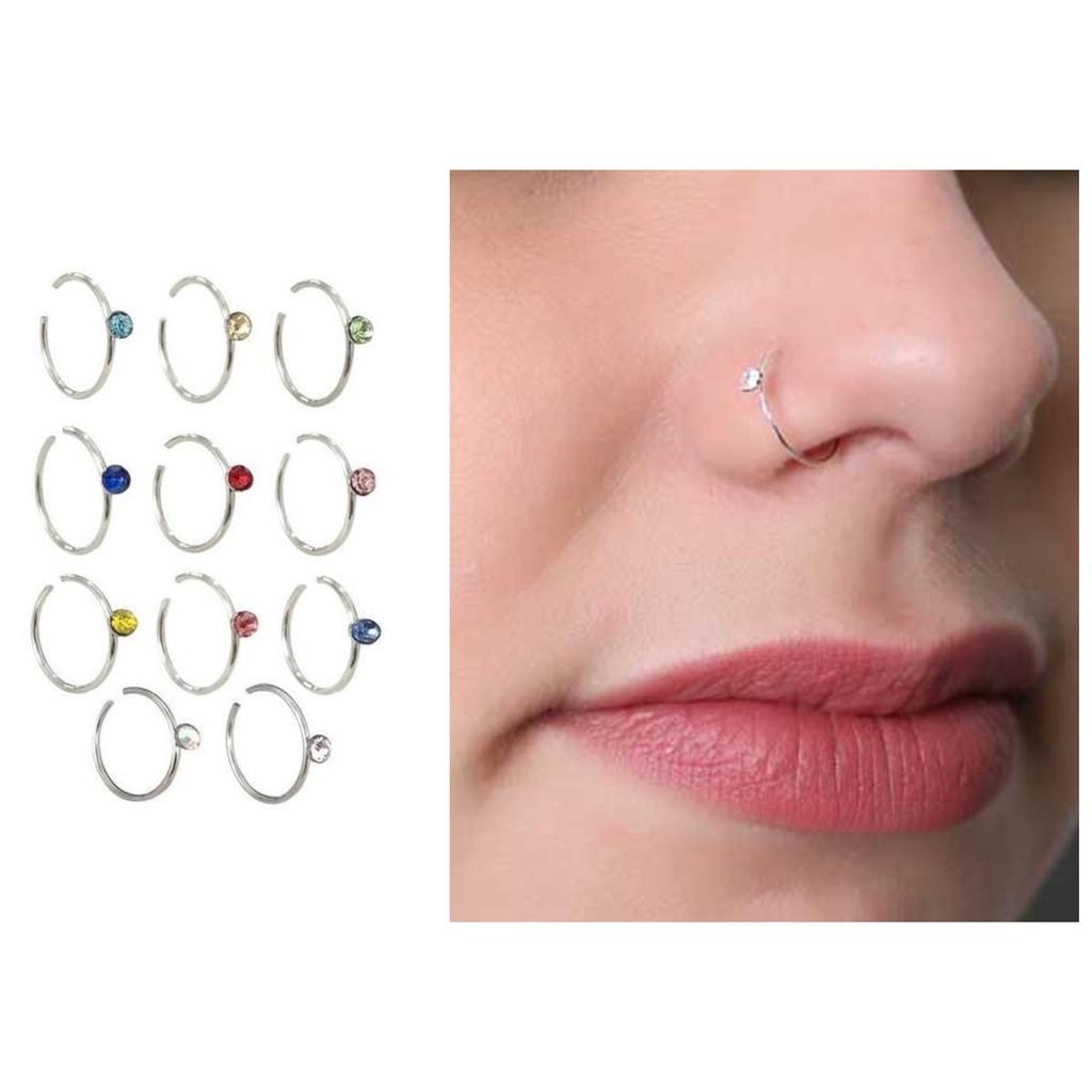 Piercing Nariz Aço Cirúrgico 316L Argolinha Pedrinha Branca ou Colorida Promoção 1 Unidade