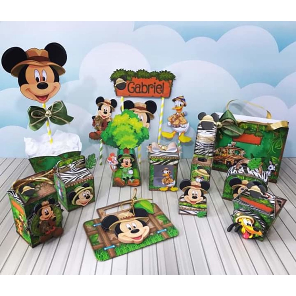 Kit Caixinhas Lembrancinha Personalizada Mickey Safari Aniversário Festa Infantil