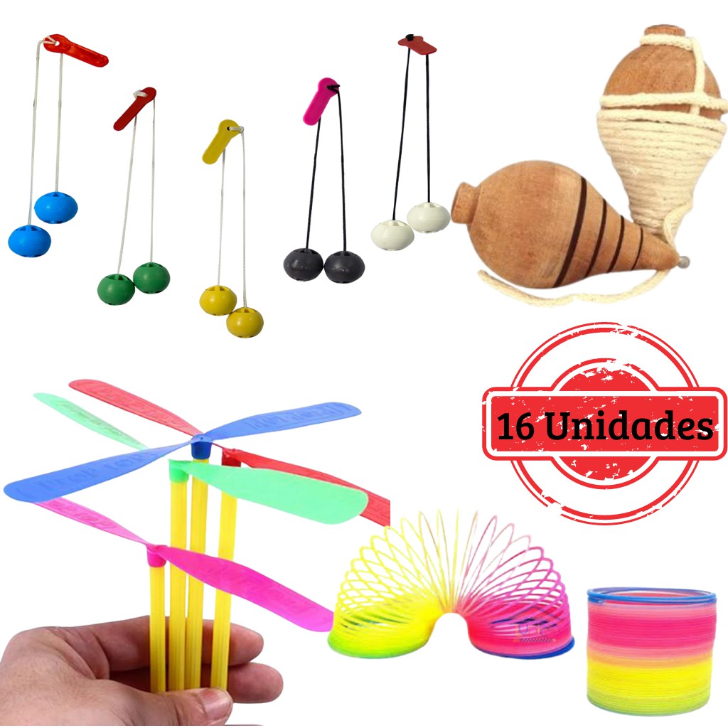 Kit 16 Brinquedos infantis (infantil) Bate Bate Mola Maluca Pião de madeira Pirocoptero