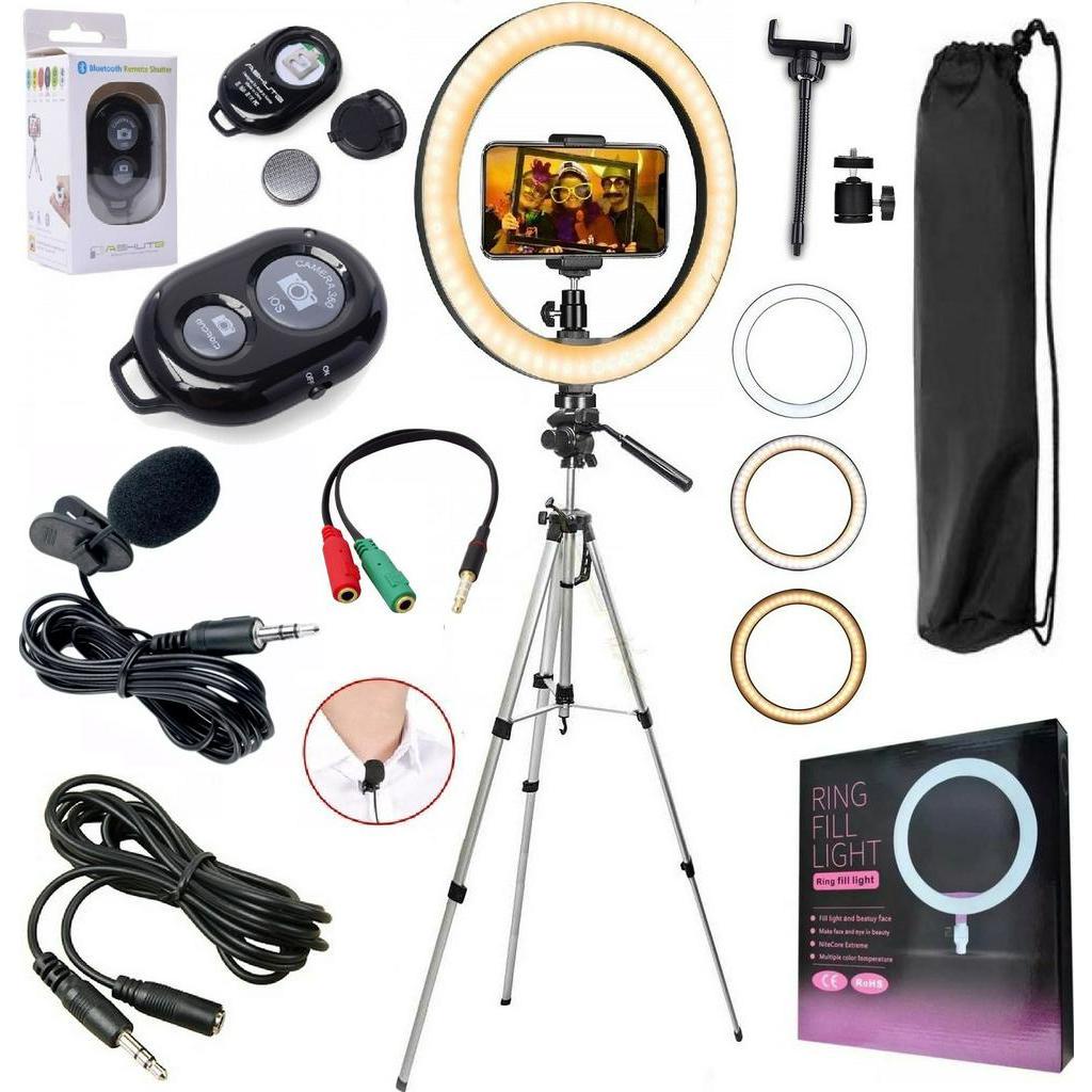 Kit Tripé Profissional + Ring Light Led Iluminador Microfone Lapela Com Extensor Para Gravação Vídeo Celular Universal