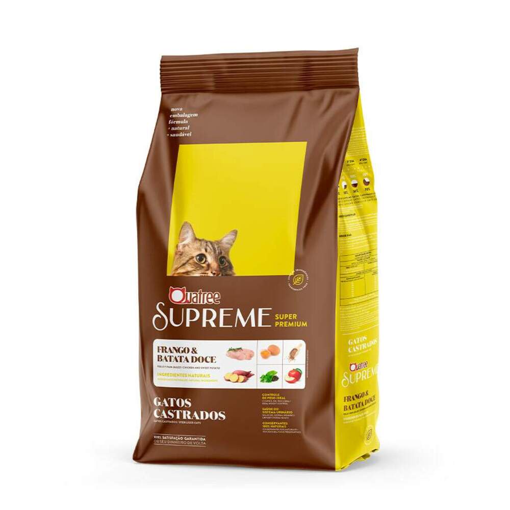 RAÇÃO QUATRE SUPREME SUPER PREMIUM PARA GATOS CASTRADOS FRANGO E ARROZ 3KG