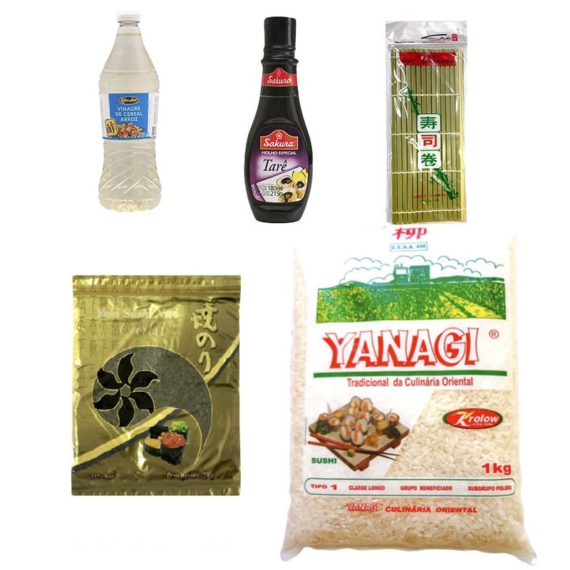 Kit Sushi 5 Itens Tempero + Molho Tarê + Sudare + Nori 10 Folhas + Arroz Yanagi 1kg - Tetsu Alimentos