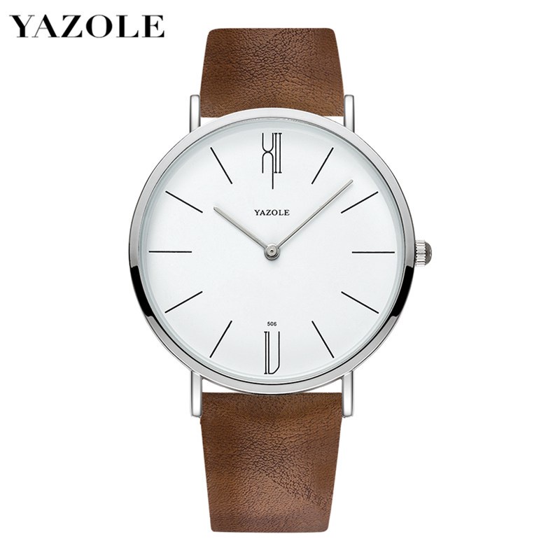 white face watch with brown leather band