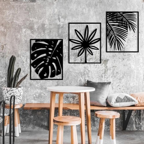 Trio De Quadros Folhas Em Mdf Vazado Preto | Shopee Brasil