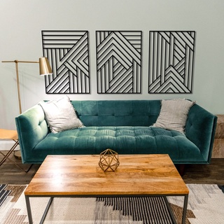 Trio Aplique de Parede vazado Mdf Preto Arte geométrica abstrata quadro decorativo