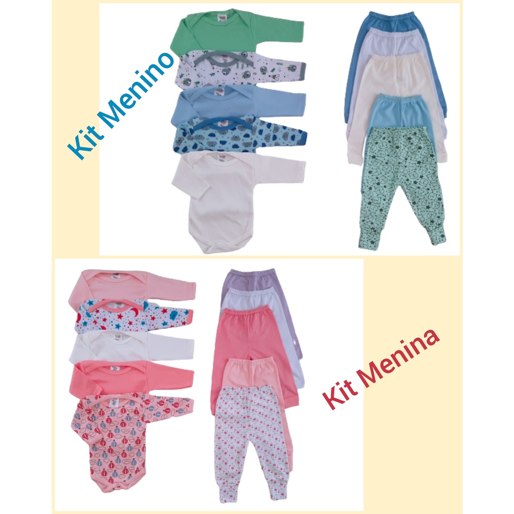 Kit 10 Pçs Roupa de Bebê Body Manga Longa + Mijão Menino e Menina