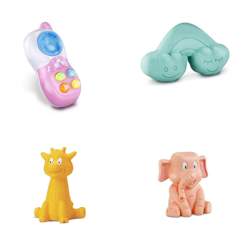 Kit Com 2 Mordedores De Animais Em Vinil Macio Nuvem De Ventosa Para Grudar e Celular Musical Interativo Para Bebê - Omg