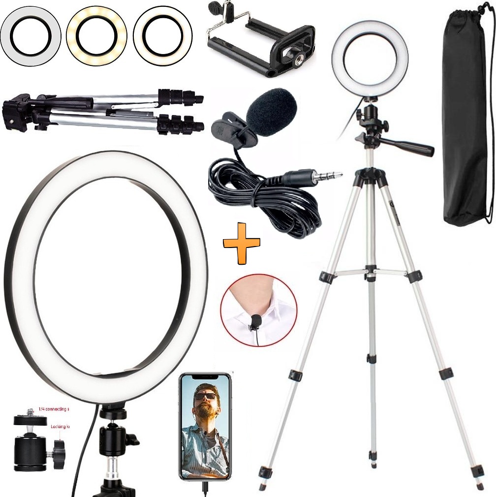 Kit Youtuber Gravação Vídeo Acessórios Para Youtuber Vlog Iluminador Led Ring Light + Microfone Lapela Celular Universal