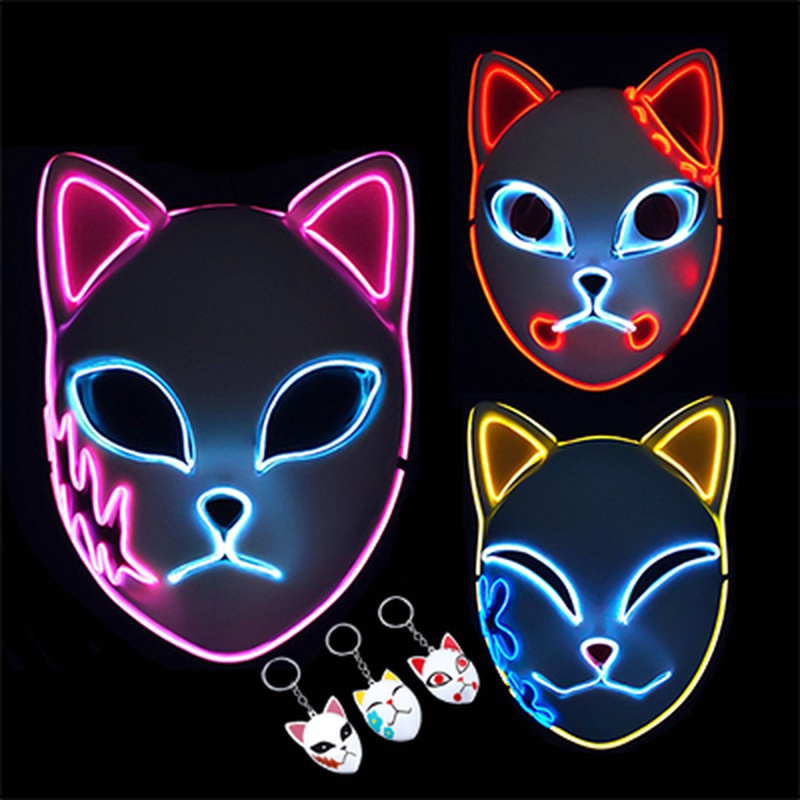 Anime Demon Mask Demon Slayer Led fox Mask keychain Sabito Makomo Plastic Led Light Cosplay Mask Headwear Masks Halloween Mask