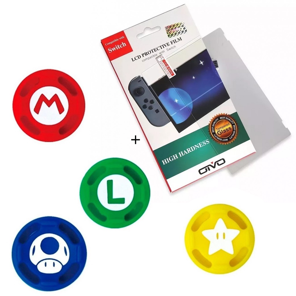 Kit Película Vidro 9H 3.3mm + 4 Grip Borracha Mario Para Joy-con Nintendo Switch