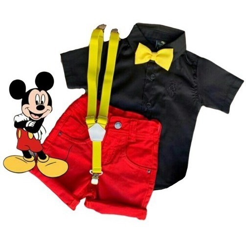 Roupa masculina infantil tema festa mickey camisa bermuda kit suspensório aniversário