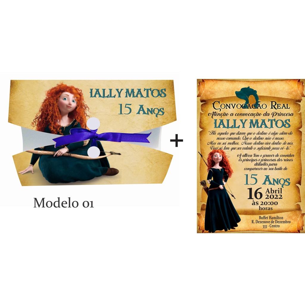 Convite aniversário princesa Merida com Envelope e Fita de Acabamento Convite Pergaminho