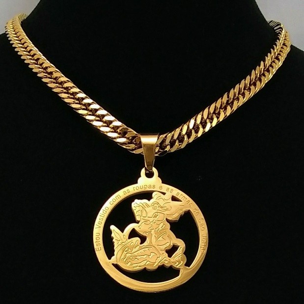 Cordao Grosso 9 mm Elo Grumet Fechado Folheado a Ouro 18K Pingente São Jorge